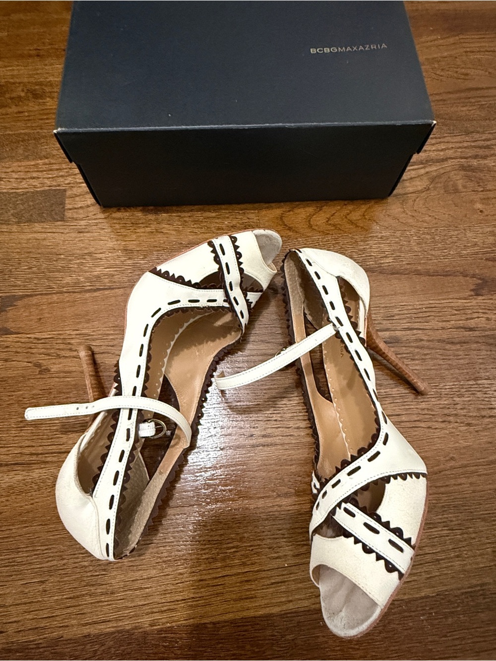 BCBGMaxAzria Cream and Brown Cutout Peep-Toe Heels